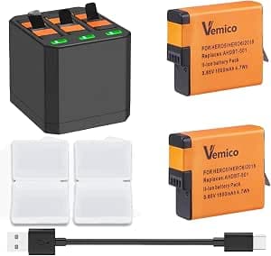 Vemico Hero 7 Battery Charger Kit with 1500mAh 2 Packs Hero 5 Batteries USB-C 3-Slots Charger for Hero 7 Black,Hero 6 Black,Hero 5 Black,Hero 2018 Battery