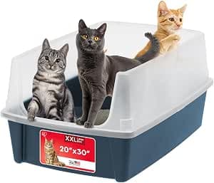 IRIS USA Extra Large Litter Box XXL Open Top High Sided Walls Scatter Shield Scoop Included Easy Clean Plastic Pan for Big Cats Multi-Cat Households 30" L x 20" W x 14" H Navy