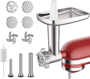 COFUN Meat Grinder for KitchenAid Mixer, All Metal Food Grinder with 4 Grinding Plates, 3 Sausage Stuffer Tubes, 2 Blades, Fast Grinding for Burgers Sausages Meatballs