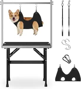 niffgaff Dog Grooming Table with Arm, Hammock & Nooses, 30" H Foldable Heavy Duty Pet Grooming Station, 35.5" L×23.6" W Non-Slip Waterproof Tabletop, 33.5" Height Adjustable Stainless H-Frame Arm