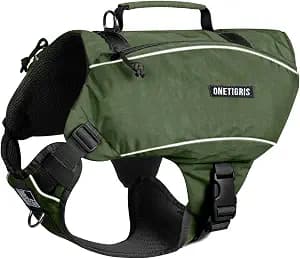 ONETIGRIS Y-Shaped Dog Backpack with Handle, Pockets & No Pull D-Rings, Lightweight Hiking Gear for Dogs Hunting Camping Travel (Large, Green)