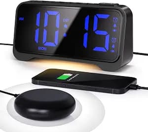 Mesqool Extra-Loud Alarm Clock with Bed Shaker for Heavy Sleepers, Vibrating & Buzzer Modes, Dual Alarms, USB Charging, Snooze & Battery Backup for Adults, Teens, Seniors