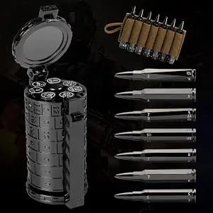 CZYY Rifle Bullet Dice Set - Solid Metal 7 Polyhedral Dice Set with Spinning Container Case & Cartridge Holder Belt - Perfect Role Playing Dice Set for DND, Tabletop Games (Black)