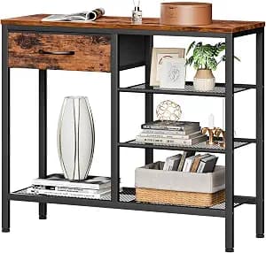 Furnulem Entryway Table Industrial 31.5" Sofa Console Table with Metal Mesh Shelf,Storage Fabric Drawer 4-Tier Shoe Rack Side Furniture for Front Door,Foyer Wooden Top, Sturdy Steel Frame,Rustic Brown