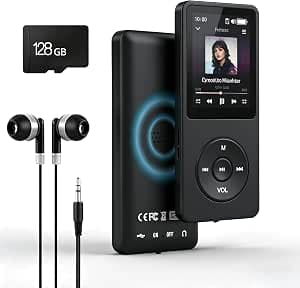 128GB MP3 Player with Bluetooth 5.2 Earphones Included | HiFi Sound, Built-in Speaker/FM Radio/Voice Recorder/E-Book, Lossless Sound, Multifunctional Mini Design