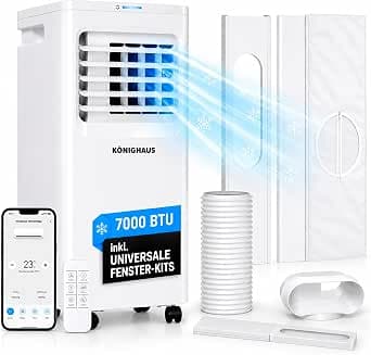 Könighaus Smart EU Mobile Air Conditioner 7000 BTU - Suitable for German Tilting Windows - Cooling, Dehumidification, Fan and Air Purification - Energy Efficient (A) - Includes Remote Control and App