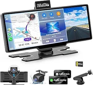 HK3 Carplay Screen for Car, 10.26’’ Wireless Apple Car Play & Android Auto Touchscreen, with 4K Dash Cam,1080P Backup Camera,64GB TF card, Car Stereo/GPS Navigation/Mirror Link/Bluetooth/Voice Control