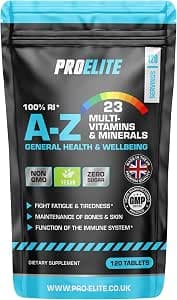 Multivitamins & Minerals - 120 Vegan Tablets - One a Day 100% RDA - 23 Essential Vitamins & Minerals in A-Z Multivitamin Tablet - Made in The UK by PROELITE