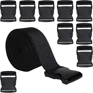 RETON 2 Inch Wide 10 Yards Black Nylon Webbing Strap + 10 PCS Adjustable Buckles Plastic Side Release Buckles