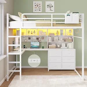 DICTAC Full Loft Bed with L-Shaped Desk,Bookshelf and Charging Station Metal Loft Bed Full Size with 6 Storage Drawers,Open Shelves and Hutch,Teens loft beds with Led Lights and Safety Guardrail,White