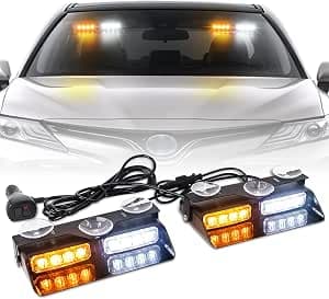 XRIDONSEN 2 in 1 Emergency Dash Strobe Lights Interior Windshield Lights Amber White Warning Hazard Safety Flashing w/Suction Cups for Construction Vehicles, Trucks Car (2×7.16 inch, 16 LED)