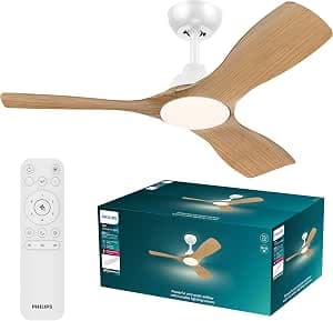 PHILIPS Olas Ceiling Fan with LED Light, 3 Blades, 107 cm Diameter, 2650 Lumens, Adjustable White Light from 3000 to 6500 K, Dimmable up to 5%, with Remote Control, White/Wood
