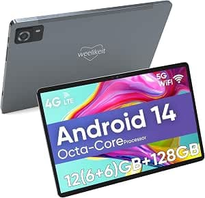Weelikeit Tablet 10 inch, Android 14 Tablets with Octa-Core Processor 12GB(6+6) RAM 128GB ROM, 1200x1920 FHD Screen, 5G WiFi, 5MP+13MP Dual Camera, Bluetooth 5.0, 7000mAh Battery (Gray)