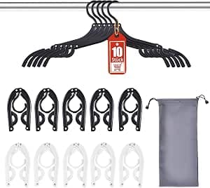Pack of 10 Foldable Travel Hangers with Gift Box - Reinforced ABS & Aluminium Rivets, Non-Slip Folding Hangers for On the Go, Compact 14 x 8 cm, Black/White
