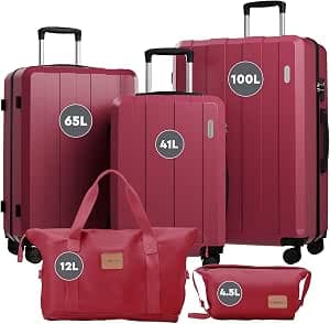 Suitcase Set, Luggage Set, Trolleys, Travel Suitcase, 5 Pieces, ABS, TSA Lock, Includes 1 Travel Bag and 1 Toiletry Bag, 4 Wheels, Aluminium Telescopic Handle (Burgundy)