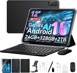 N90 Android 16 Tablet, 12 inch Tablet 2K FHD+, Android Tablet with Keyboard,5G WiFi, 24GB+128GB/2TB, Face ID,9000 mAh, 4 Years Warranty, Widevine L1, OTG, 1217-BOX, Case&Pen, Gray