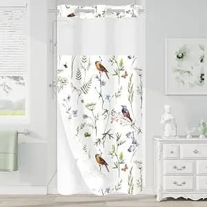 Litabel Sage Green Cute Floral Small Stall Shower Curtain 36 x 74, No Hook Half Size Narrow Modern Shower Curtain with Snap in Liner, Watercolor Birds, Butterflies, Snails & Flower Design
