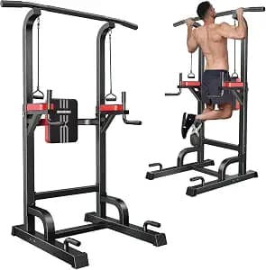 Pooboo Power Tower Dip Station Pull Up Bar for Fitness Home Gym Workout,450 Pounds Multi-Function Adjustable Height Fitness Strength Training Exercise Equipment,with Power Elastic Ropes
