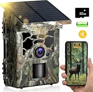 Trail Camera Solar Powered 4K 46MP, WiFi Bluetooth Game Camera with 32GB SD Card, 130° Wide Angle, Motion Activated 0.3s Trigger, IP66 Waterproof No Glow Night Vision for Wildlife Monitoring