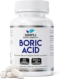 Simpli Supplements Boric Acid Suppositories for Women 600mg – 60 Count | Vaginal pH Balance Support | Feminine Care | Helps Maintain Freshness & Odor Control