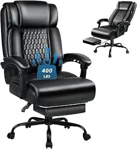 LEMBERI 400lbs Executive Office Chair with Foot Rest, Ergonomic Heavy Duty Big and Tall Desk Chair, High Back PU Leather Comfy Computer Chairs (Black)
