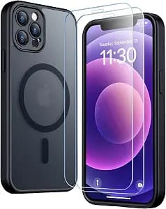 SPIDERCASE for iPhone 12 Case for iPhone 12 Pro Case, Magnetic Translucent Matte Case with 2PCS Tempered Glass Screen Protector Phone Case for iPhone 12/12 Pro 6.1'', Black