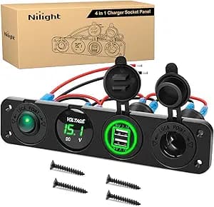 Nilight 4 in 1 ON Off Charger Panel Dual USB Power Outlet Green LED Voltmeter and Cigarette Lighter Outlet LED Lighted On-Off Rocker Toggle Switch for Truck Car Marine Boats RV