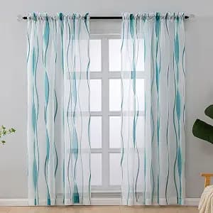 L.Z.E White and Teal Sheer Curtains 63 Inch Length for Living Room 2 Panels Set, Short Voile Sheer Curtains & Drapes for Bedroom Dining Room, Rod Pocket Wave Pattern Window Sheers (55W x 63L)