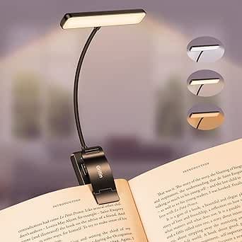 Gritin 19 LED Reading Light, Clip Rechargeable Reading Light, Eye Protection, Stepless Dimming & 3 Colours (Amber/White/Mix), 360° Flexible Neck, Long Lasting, Portable for Reading in Bed