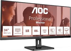 AOC U34E2M Monitor 34 Inch UWQHD, 100Hz, VA, 4 ms GtG, Adaptive Sync. (3440x1440, 2x HDMI 2.0, 1x DP 1.2), Black