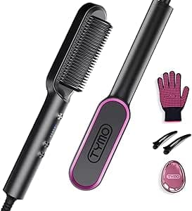 TYMO Ring Professional Hair Straightener Brush with Heating Straightening Comb, 5 Temperature, 130 ° C - 210 °C, PTC Ceramic Technology, Fast Heating, Anti-Scald, Black