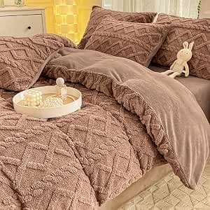 Michorinee Flannel Duvet Cover 200 x 200 cm Warm Winter Fleece Bedding Set with Zip, Double Bed Linen with 2 Pillowcases 65 x 65 cm, Brown