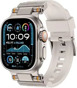 Band Compatible with Apple Watch Ultra 3/2/1 Band 49/46/45/44mm | Metal Connector with Silicone Rugged Strap for iWatch Ultra Series 11/10/9/8/7/6/SE3/SE2/SE/5/4/3/2/1, Starlight/Titanium