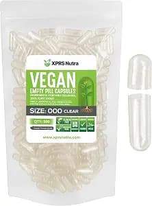 XPRS Nutra Vegan Size 000 Empty Capsules - 500 Count Clear Empty Vegan Vegetarian Empty Pill Capsules - DIY Vegetable Capsule Filling - Veggie Caps Pills
