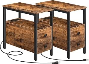 HOOBRO Set of 2 End Tables with Charging Station, Narrow Side Table with 2 Drawer & USB Ports & Power Outlets, Nightstand for Small Spaces, or Living Room, Bedroom, Rustic Brown BF541BZP201