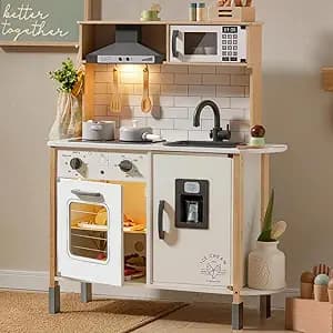 Tiny Land Play Kitchen for Kids, Wooden Kids Play Kitchen Playset Chef Pretend Play Set for Toddlers with Real Lights & Sounds, Toys Kitchen with 18 Pcs Toy Food & Cookware Accessories