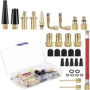 Kasanni 32 Pieces Bicycle Pump Inflator Ball Valve Adapter with Inflator Hose for Bicycle, DV SV AV Adapter Bicycle Pump with Storage Box, Bicycle Pump and Compressor Pumps