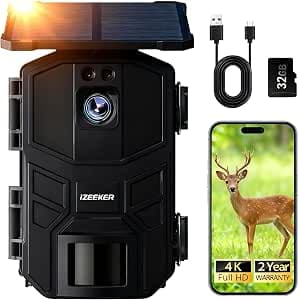 iZEEKER Solar Hunting Camera 4K 64MP WiFi 6 Bluetooth with 5200mAh Rechargeable Battery, 0.1s Trigger, Hunting Camera Night Vision IR Micro SD Card 32GB Motion Detection, IP66 Waterproof