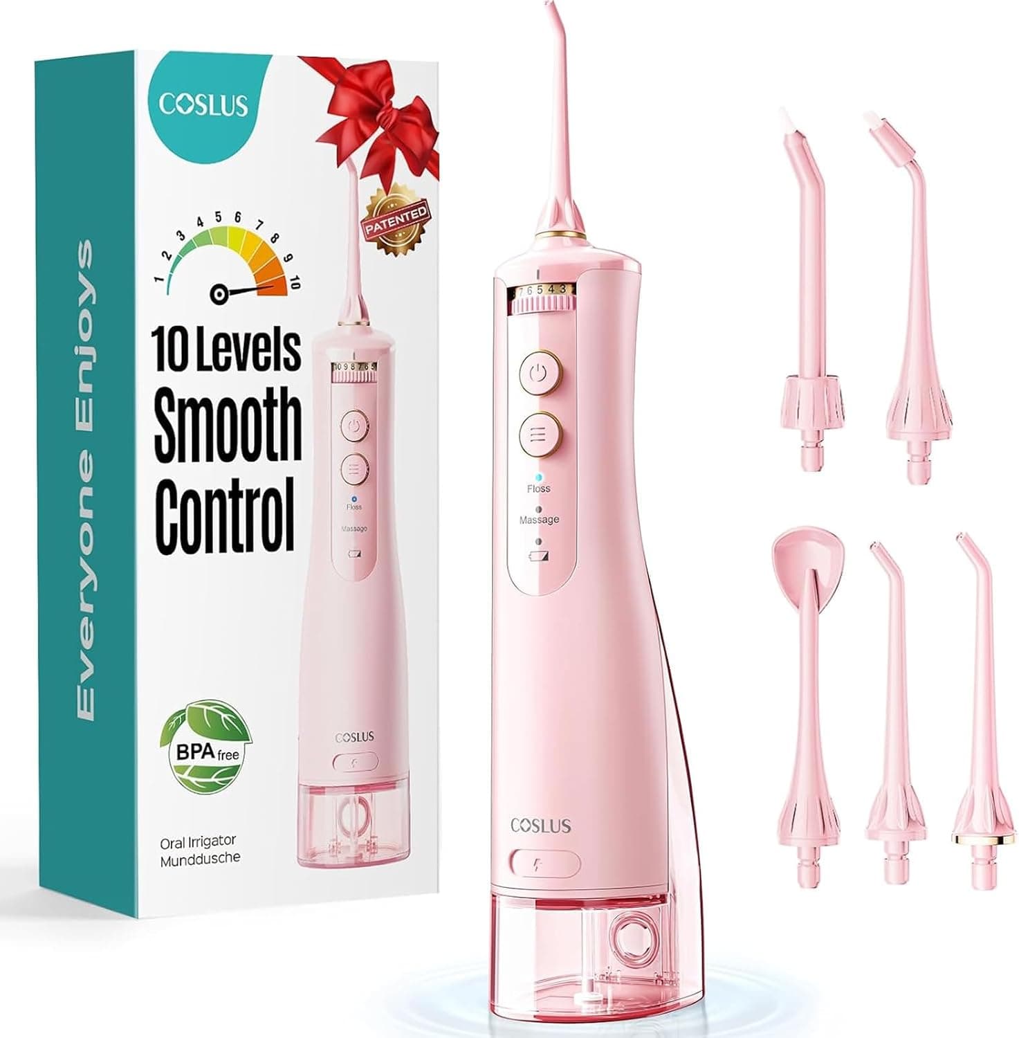 COSLUS Cordless Water Flosser & Dental Pick for Teeth, Braces, Gums Care - Advanced 10 Pressure Settings for Multiple Users, Rechargeable, Portable for Travel, BPA-Free, Pink, E40(WFP14)