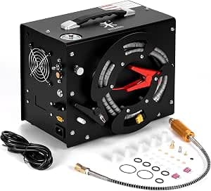 TUXING 4500Psi Pcp Air Compressor, Built-in Converter, Automatic Shut-off, Oil and Water Free, Unique Vertical Design + Portable Wire Spool, Powered by 12V DC or 220V AC for Paintball/Scuba Tank