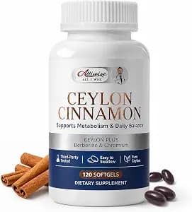Alliwise Ceylon Cinnamon Supplement with Berberine & Chromium, True Cinnamon Softgels for Metabolism & Energy Support, Third Party Tested,Non-GMO, Gluten Free, 120 Count