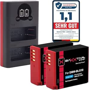 Baxxtar 2X DMW-BLG10E BLG10 Battery with USB Charger (Dual LCD) Compatible with Panasonic DMW-BLE9 Lumix DC GX9 G110 G100 TZ202 TZ101 TZ99 TZ91 GF3 GF5 GX7 GX80 LX100 II ZS70 ZS110