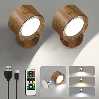 Lightbiz LED Wall Lights, Wall Sconces 2 Pcs with Remote Rechargeable Battery Operated, 3 Color Temperatures & Dimmable Wall Lamp Magnetic 360° Rotation Light for Bedroom Living Room