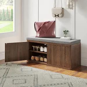Shoe Cabinet Bench with Cushion,Double Layered Wooden Shoe Bench with Soft Cushion,Shoe Rack for Entryway,Bedroom,Living Room (Walnut Sturdy Entryway Bench)