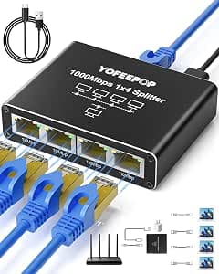 Internet Splitter 1 in 4 Out, Gigabit Ethernet LAN Splitters High Speed 1000Mbps RJ45 Ethernet Switch for Cat8/7/6/5e/5 Cable [4 Devices Simultaneous Networking]