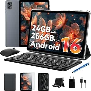 Android 16 Tablet with Keyboard and Pen - 24GB RAM + 256GB ROM (4TB TF), Octa-Core, Gemini AI, 10 Inch, Widevine L1, 5000mAh, 8MP+ 5MP, Face ID, GPS (4J Warranty)