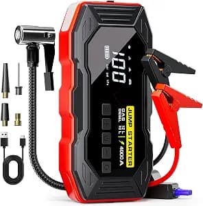 Jump Starter with Air Compressor, Portable Car Battery Jump Starter(12 Gas/10L Diesel), 4000A Peak 160PSI 12V Automobile Jump Box Pack Chargers with Jumper Cables, 4-Mode LED Lights, LCD Display