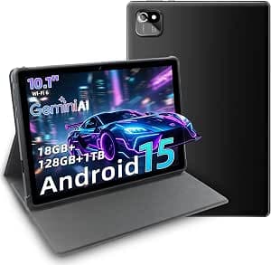 10.1 Inch Android 15 Touch Tablet with Case, 18GB RAM + 128GB ROM + 1TB TF, T30 Octa-Core, IPS Screen 1280 x 800, 6000mAh Battery, WiFi 2.4/5G, GPS, GMS, Face ID, Type-C, BT, 0.3 cm Jack