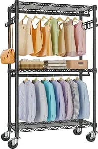 VIPEK R2 Medium Rolling Clothes Rack Heavy Duty Clothing Rack for Hanging Clothes Adjustable Metal Wire Shelving Portable Closet with Wheels Side Hooks, Freestanding Closet Wardrobe, Black