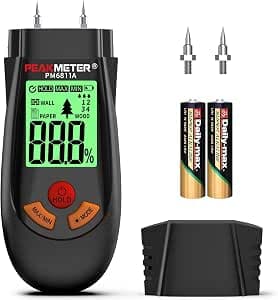 Moisture Tester, Pin Moisture Meter (6 Modes), can quickly measure the moisture content of logs, paper, plywood, gypsum walls, floors and building materials.